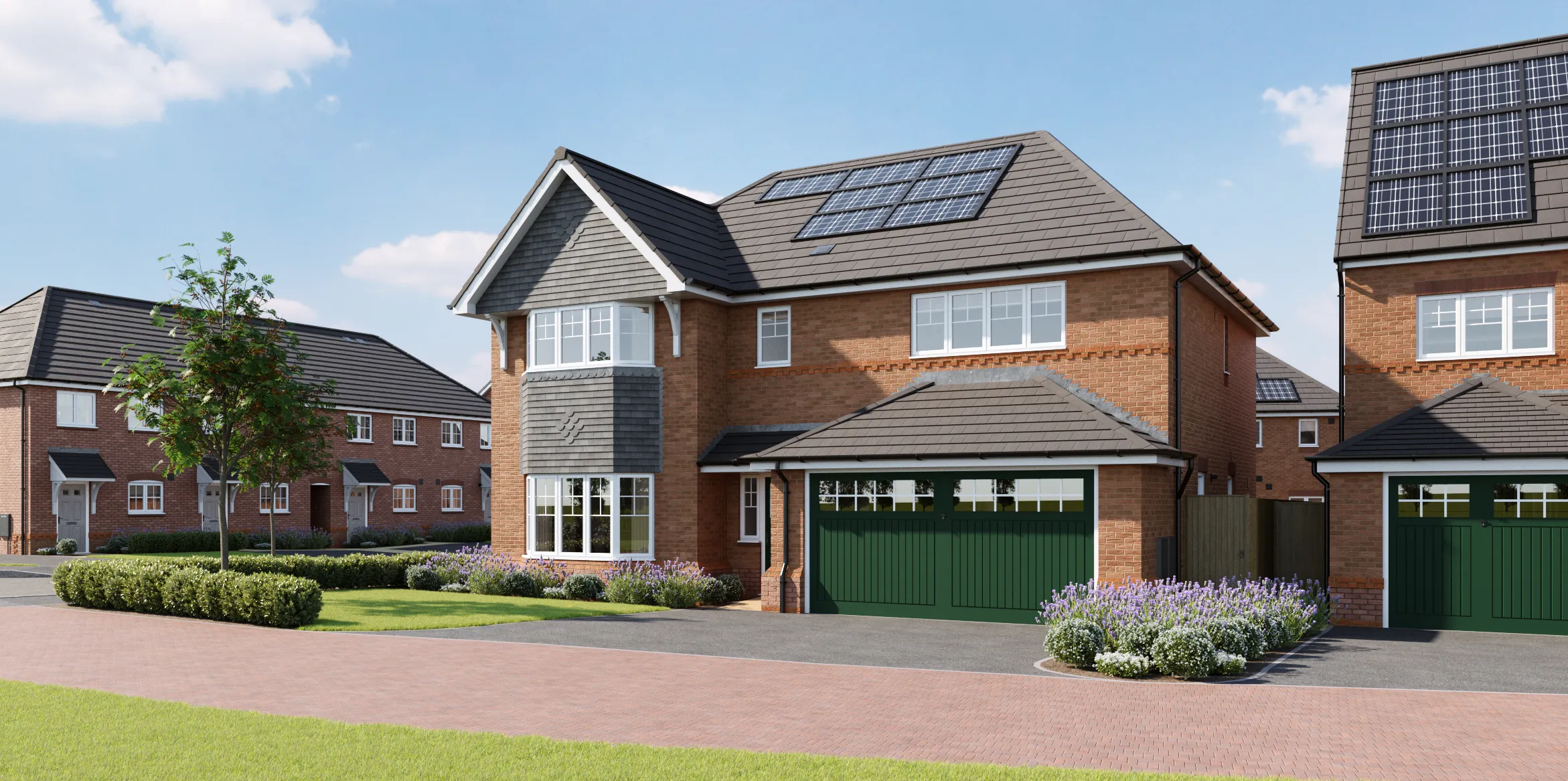A new build home by Anwyl Homes features brick construction with solar panels on the roof, a double garage with green doors, and landscaped gardens, set against a clear blue sky.