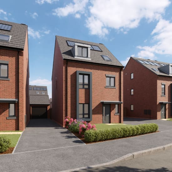 A modern, red-brick new build home by Anwyl Homes, featuring three stories and skylights, bordered by neatly trimmed hedges and a driveway. Other similar houses line the street under a blue sky.