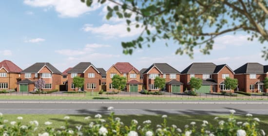 A row of Anwyl Homes new build homes features red brick exteriors with gabled roofs and green garages, set on neatly landscaped lawns with trees and a clear sky overhead.