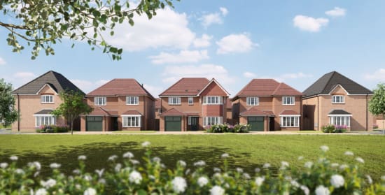 CGI Street view featuring 3 new build houses with external garages