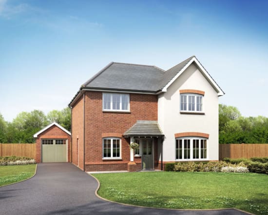 A newly built home by Anwyl Homes featuring a two-storey design with a red brick and white facade, a grey tiled roof, and a manicured garden and driveway leading to a garage.