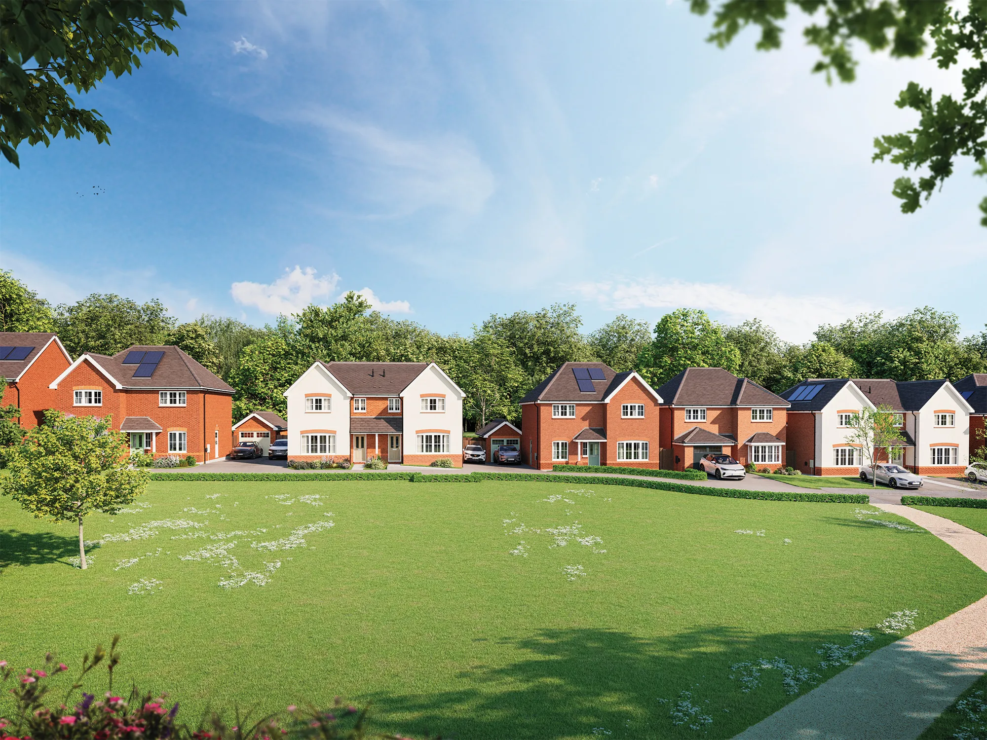 A row of Anwyl Homes’ new build houses, featuring both redbrick and cream facades, sits alongside a spacious green lawn with a few trees, under a bright blue sky.
