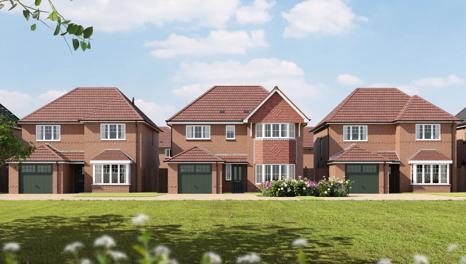 A row of Anwyl Homes new build homes features modern brick architecture with pitched roofs, neatly manicured lawns, and trees against a backdrop of blue sky and scattered white clouds.